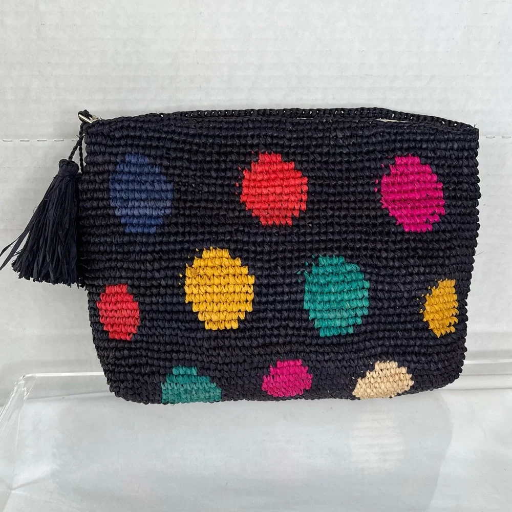 Mar y Sol Crocheted Raffia Clutch w/Polka Dots, NWT